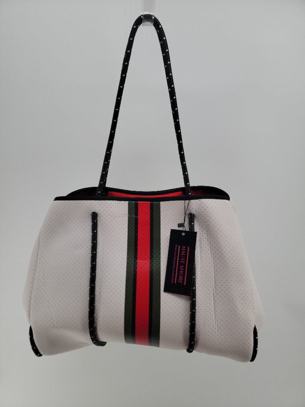 NWT Haute Shore White Neoprene Tote Mini Pouch Red Green Stripe